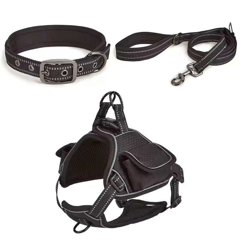 Adjustable dog harness with a pet backpack for large pets.