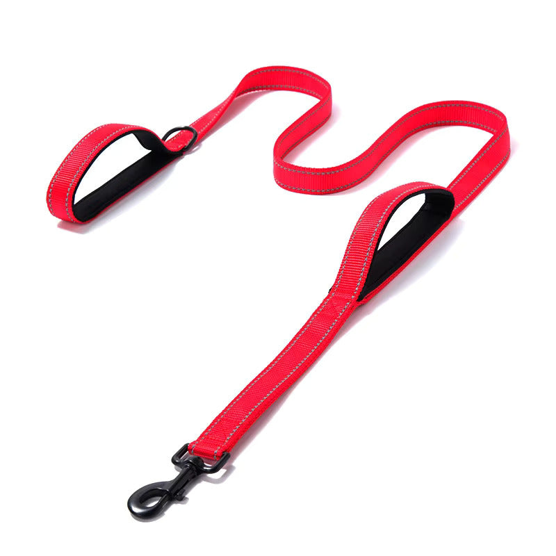 Adjustable soft pet leash with reflective details for night walks.