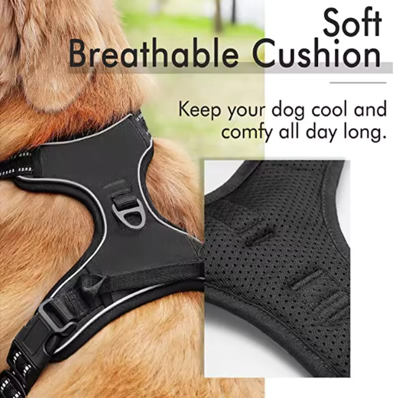 Custom mesh no-pull dog harness with a built-in backpack for large dogs.