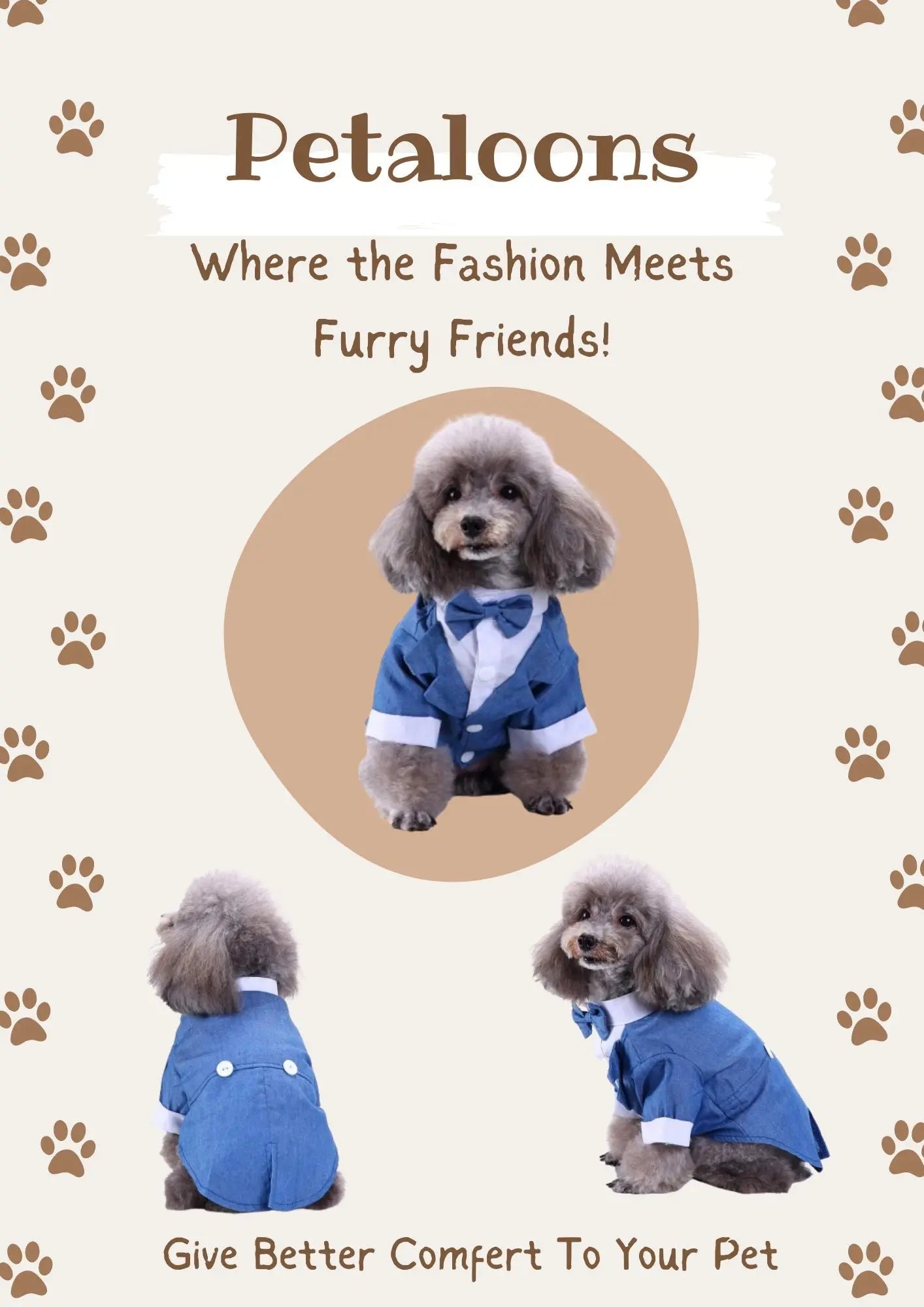 Stylish blue tuxedo outfit for dogs, perfect for formal wear.