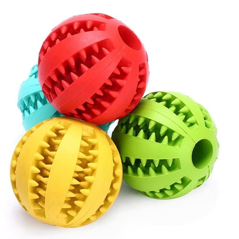 Interactive rubber ball toy for dogs to chew and play.