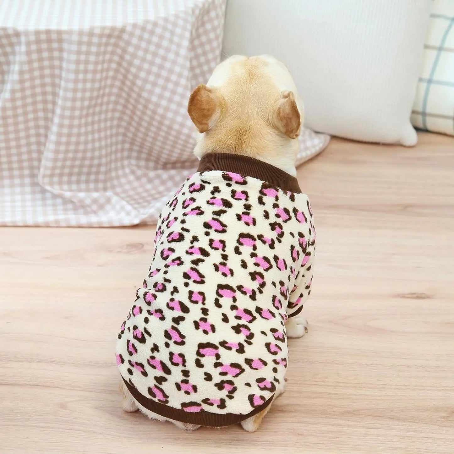 Leopard print pet T-shirt in pink with a stylish animal pattern.