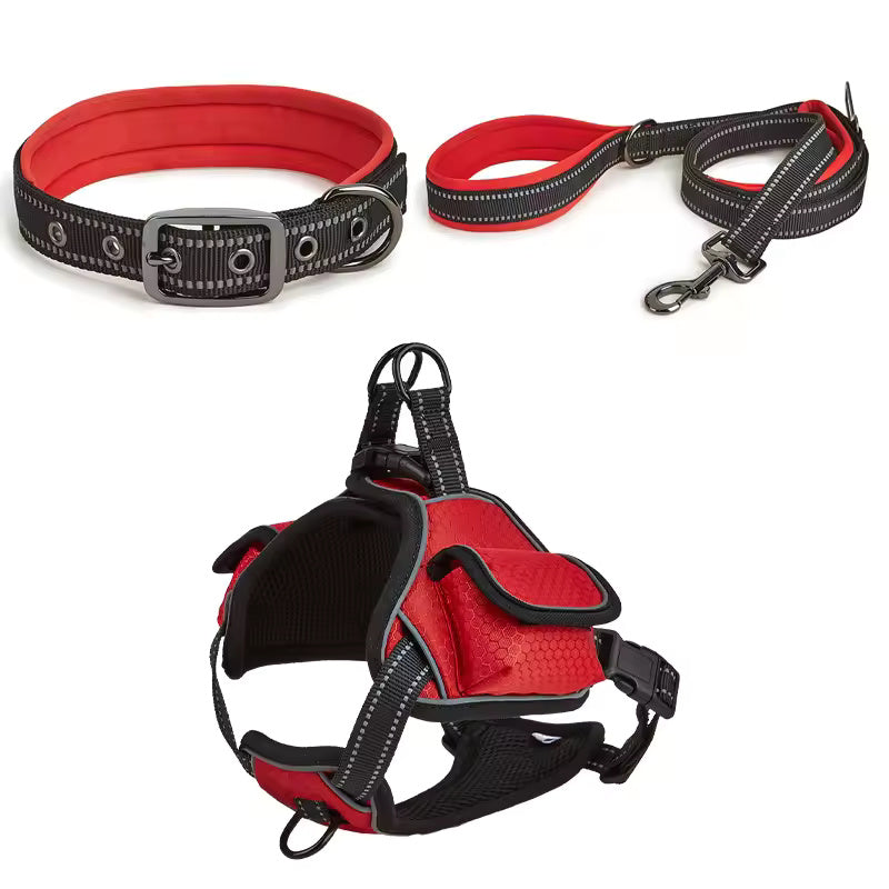 Mesh harness with a backpack for large dogs.