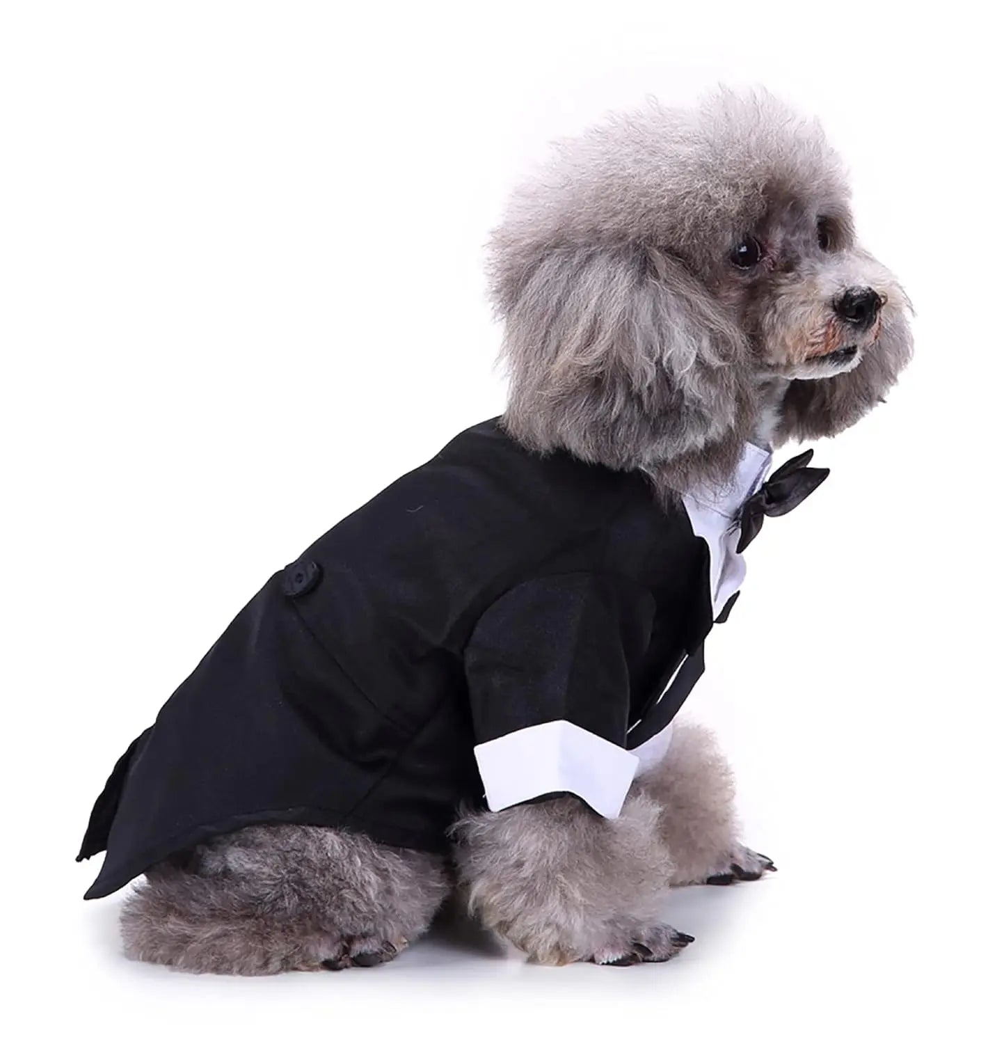 Black tuxedo suit for pets, featuring a refined and stylish design.