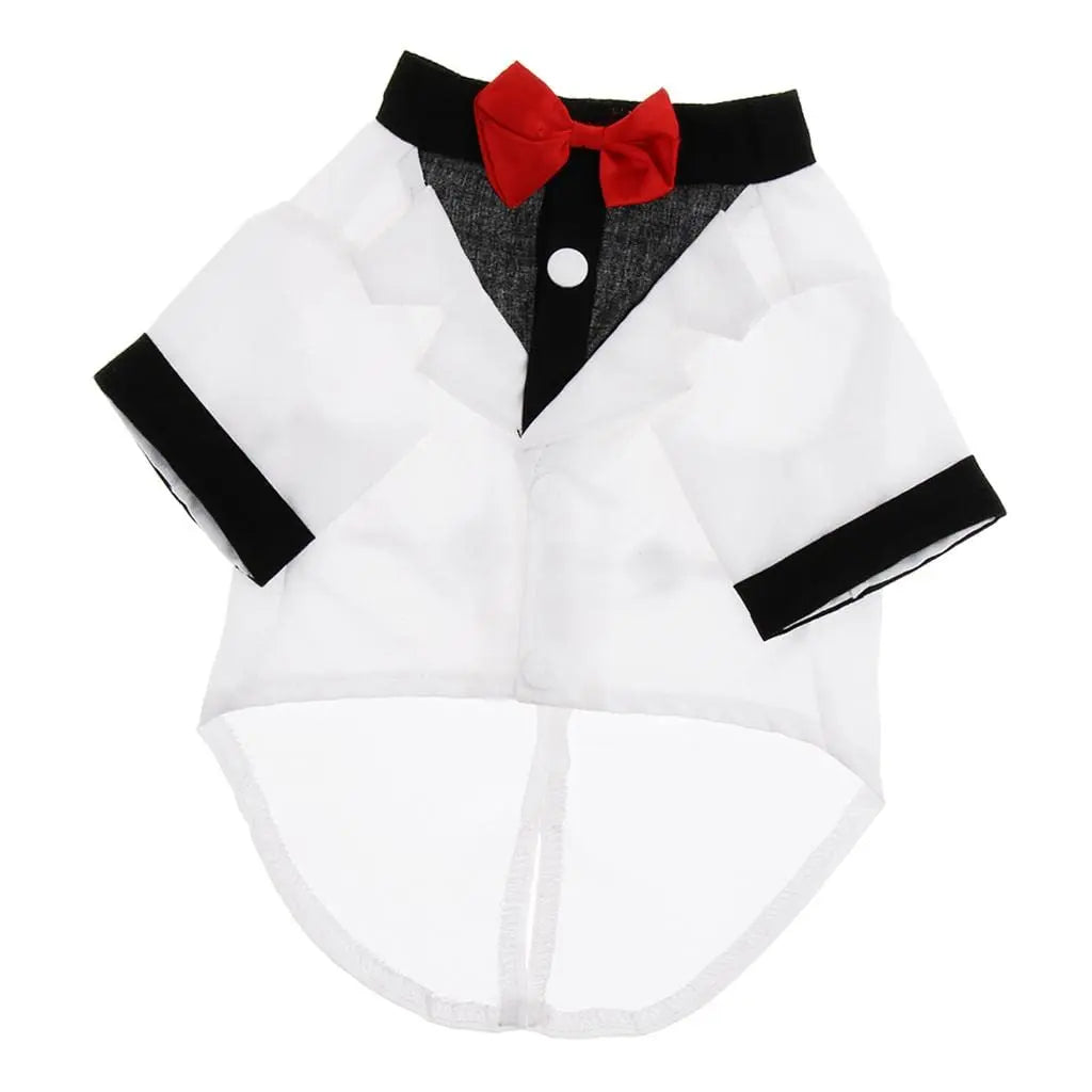 Elegant white tuxedo outfit for pets, perfect for formal occasions.